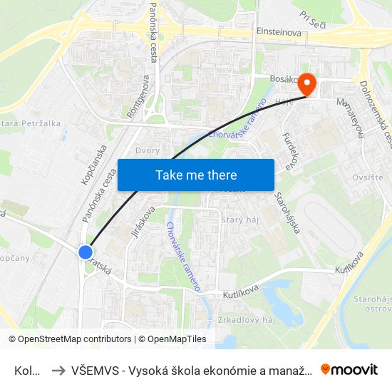 Kolmá (X) to VŠEMVS - Vysoká škola ekonómie a manažmentu, verejnej správy v Bratislave map