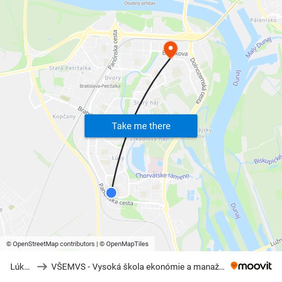 Lúky V (X) to VŠEMVS - Vysoká škola ekonómie a manažmentu, verejnej správy v Bratislave map