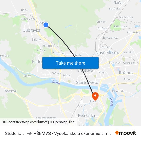Studenohorská (X) to VŠEMVS - Vysoká škola ekonómie a manažmentu, verejnej správy v Bratislave map