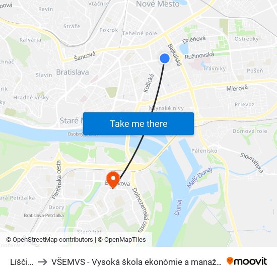 Líščie Nivy to VŠEMVS - Vysoká škola ekonómie a manažmentu, verejnej správy v Bratislave map