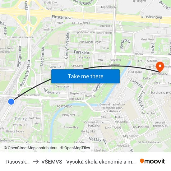 Rusovská Cesta (X) to VŠEMVS - Vysoká škola ekonómie a manažmentu, verejnej správy v Bratislave map