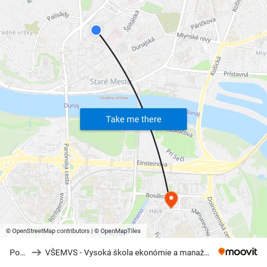 Poštová to VŠEMVS - Vysoká škola ekonómie a manažmentu, verejnej správy v Bratislave map