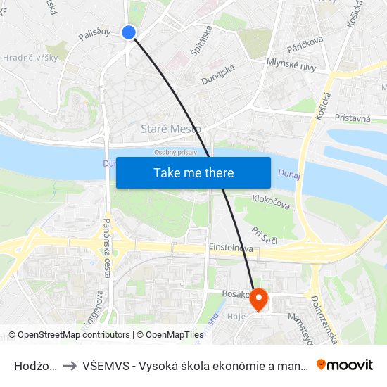 Hodžovo Nám. to VŠEMVS - Vysoká škola ekonómie a manažmentu, verejnej správy v Bratislave map