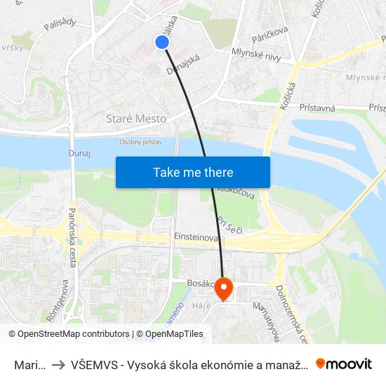 Mariánska to VŠEMVS - Vysoká škola ekonómie a manažmentu, verejnej správy v Bratislave map