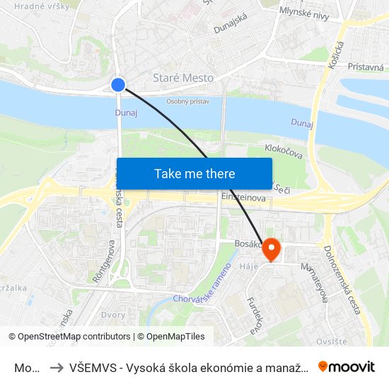 Most Snp to VŠEMVS - Vysoká škola ekonómie a manažmentu, verejnej správy v Bratislave map