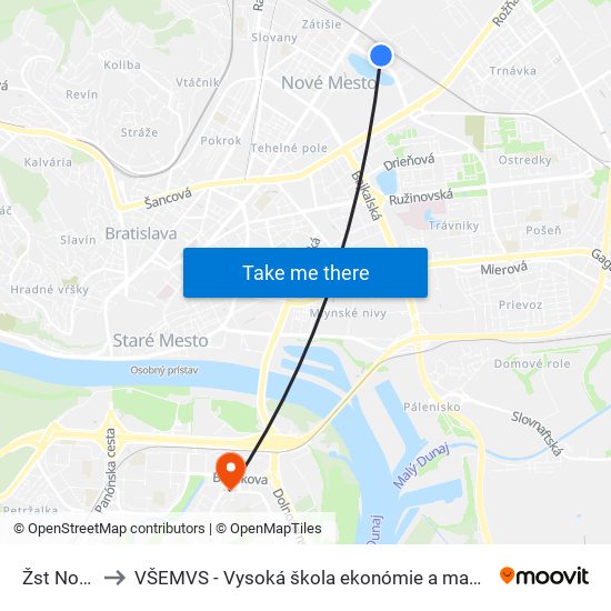 Žst Nové Mesto to VŠEMVS - Vysoká škola ekonómie a manažmentu, verejnej správy v Bratislave map