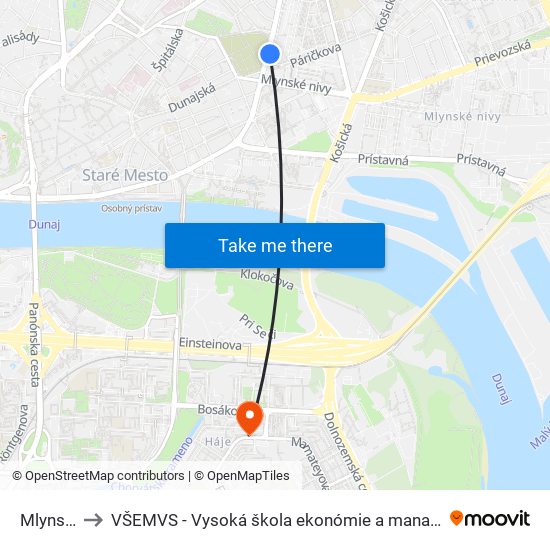 Mlynské Nivy to VŠEMVS - Vysoká škola ekonómie a manažmentu, verejnej správy v Bratislave map
