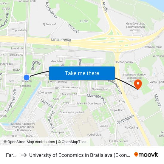 Farského to University of Economics in Bratislava (Ekonomická univerzita v Bratislave) map