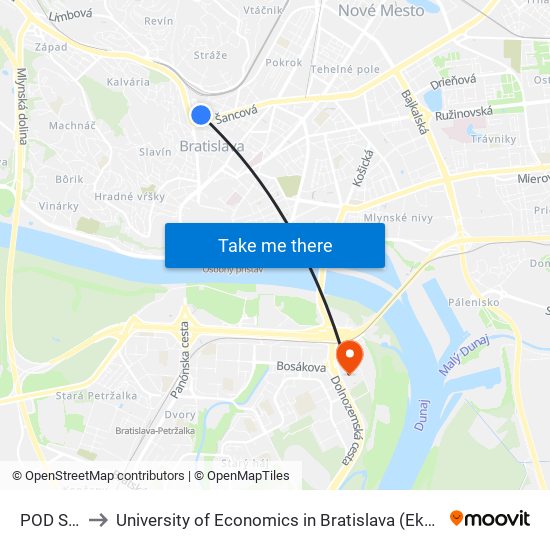 POD Stanicou to University of Economics in Bratislava (Ekonomická univerzita v Bratislave) map