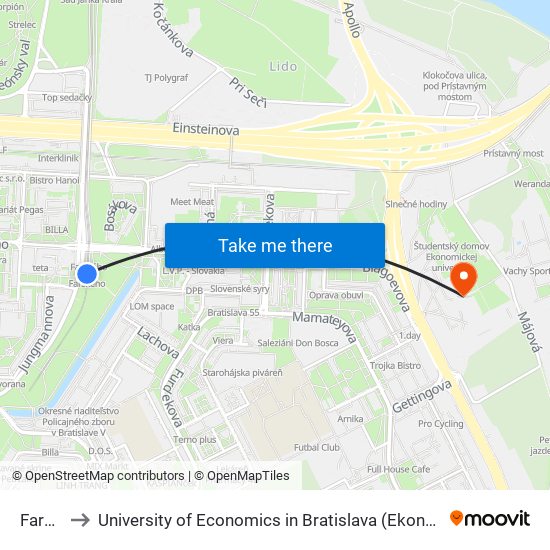 Farského to University of Economics in Bratislava (Ekonomická univerzita v Bratislave) map