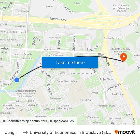 Jungmannova to University of Economics in Bratislava (Ekonomická univerzita v Bratislave) map