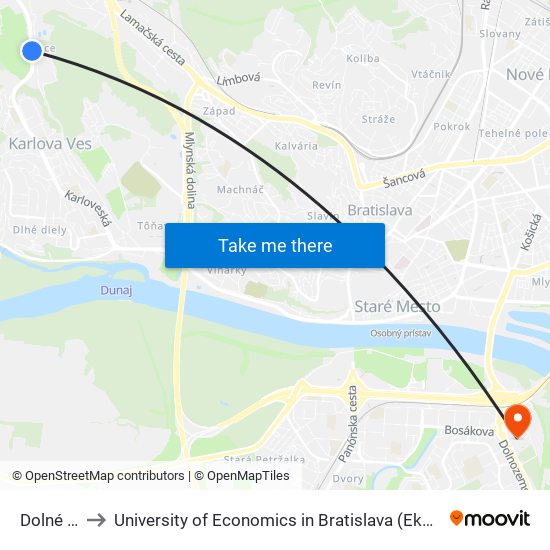 Dolné Krčace to University of Economics in Bratislava (Ekonomická univerzita v Bratislave) map
