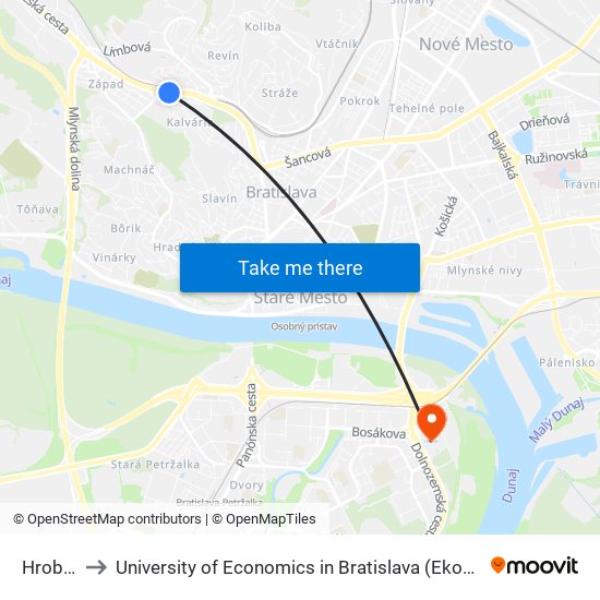 Hroboňova to University of Economics in Bratislava (Ekonomická univerzita v Bratislave) map