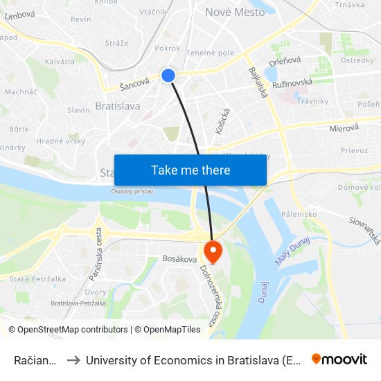 Račianske Mýto to University of Economics in Bratislava (Ekonomická univerzita v Bratislave) map