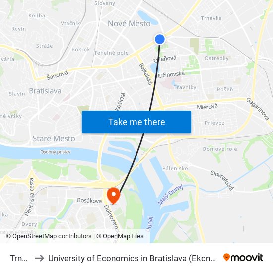 Trnavská to University of Economics in Bratislava (Ekonomická univerzita v Bratislave) map