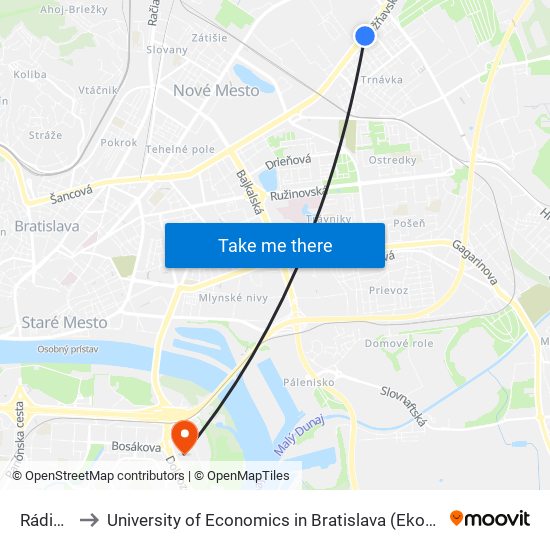 Rádiová (X) to University of Economics in Bratislava (Ekonomická univerzita v Bratislave) map