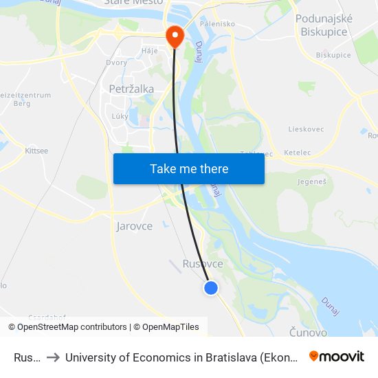 Rusovce to University of Economics in Bratislava (Ekonomická univerzita v Bratislave) map