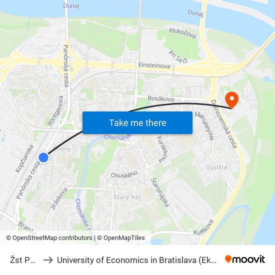 Žst Petržalka to University of Economics in Bratislava (Ekonomická univerzita v Bratislave) map