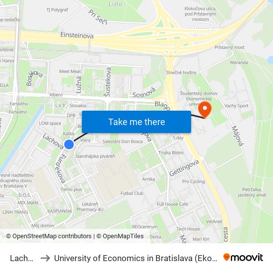 Lachova (X) to University of Economics in Bratislava (Ekonomická univerzita v Bratislave) map