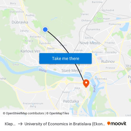 Klepáč (X) to University of Economics in Bratislava (Ekonomická univerzita v Bratislave) map