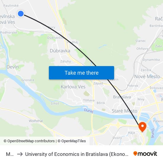 Mláka to University of Economics in Bratislava (Ekonomická univerzita v Bratislave) map