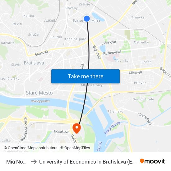 Miú Nové Mesto to University of Economics in Bratislava (Ekonomická univerzita v Bratislave) map