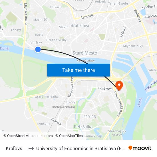 Kráľovské Údolie to University of Economics in Bratislava (Ekonomická univerzita v Bratislave) map
