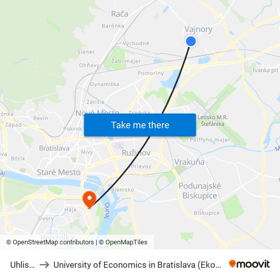 Uhliská (X) to University of Economics in Bratislava (Ekonomická univerzita v Bratislave) map