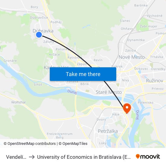 Vendelínska (X) to University of Economics in Bratislava (Ekonomická univerzita v Bratislave) map
