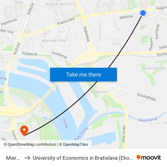 Mierová (X) to University of Economics in Bratislava (Ekonomická univerzita v Bratislave) map