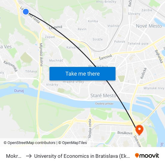 Mokrohájska to University of Economics in Bratislava (Ekonomická univerzita v Bratislave) map