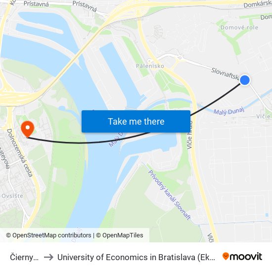 Čierny Les (X) to University of Economics in Bratislava (Ekonomická univerzita v Bratislave) map