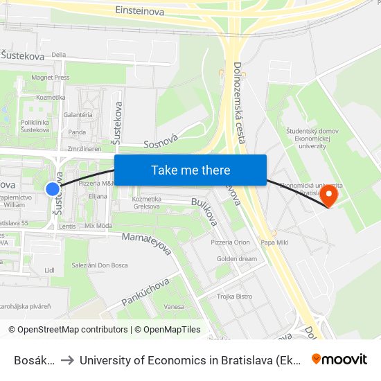 Bosákova (X) to University of Economics in Bratislava (Ekonomická univerzita v Bratislave) map