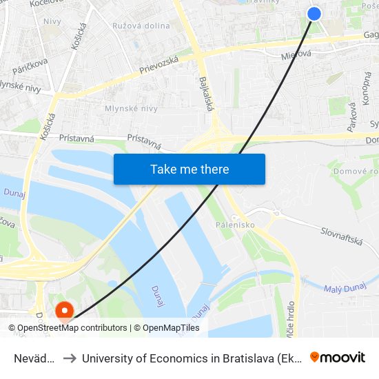 Nevädzová (X) to University of Economics in Bratislava (Ekonomická univerzita v Bratislave) map