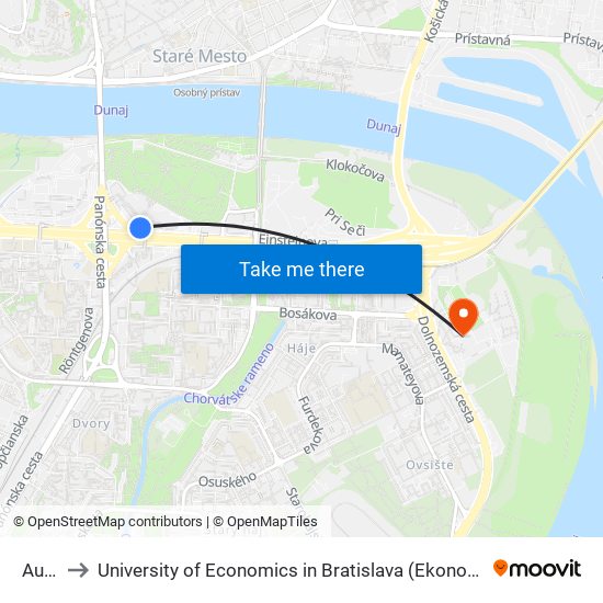 Aupark to University of Economics in Bratislava (Ekonomická univerzita v Bratislave) map