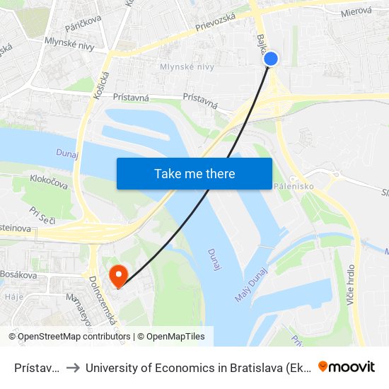 Prístavný Most to University of Economics in Bratislava (Ekonomická univerzita v Bratislave) map