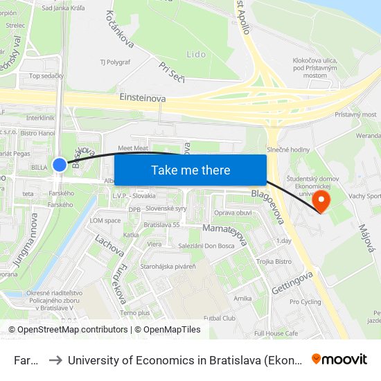 Farského to University of Economics in Bratislava (Ekonomická univerzita v Bratislave) map