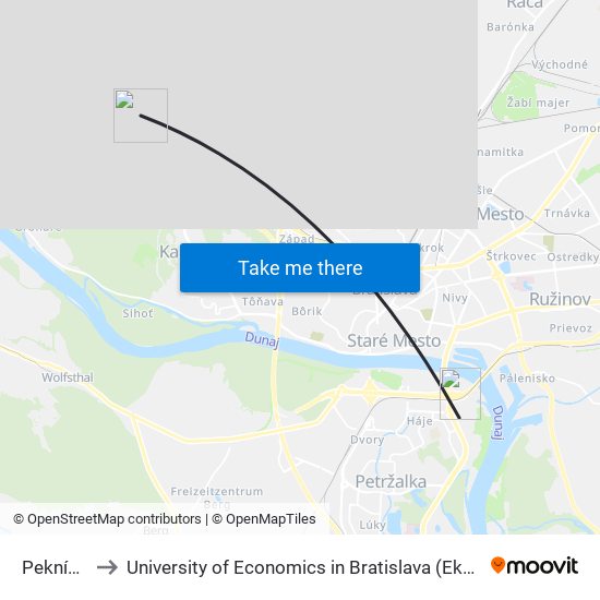 Pekníkova (X) to University of Economics in Bratislava (Ekonomická univerzita v Bratislave) map
