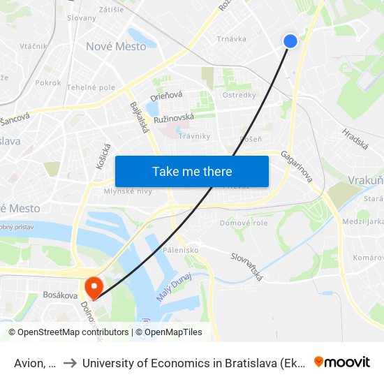 Avion, Ikea (X) to University of Economics in Bratislava (Ekonomická univerzita v Bratislave) map