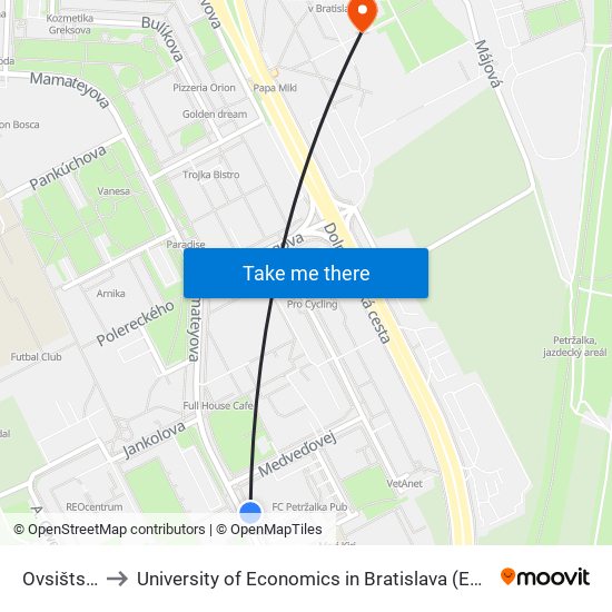 Ovsištské Nám. to University of Economics in Bratislava (Ekonomická univerzita v Bratislave) map