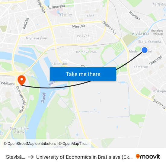 Stavbárska (X) to University of Economics in Bratislava (Ekonomická univerzita v Bratislave) map