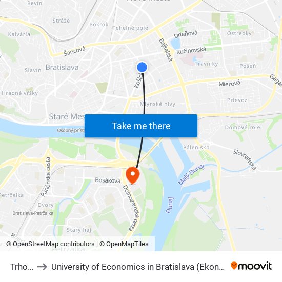 Trhovisko to University of Economics in Bratislava (Ekonomická univerzita v Bratislave) map