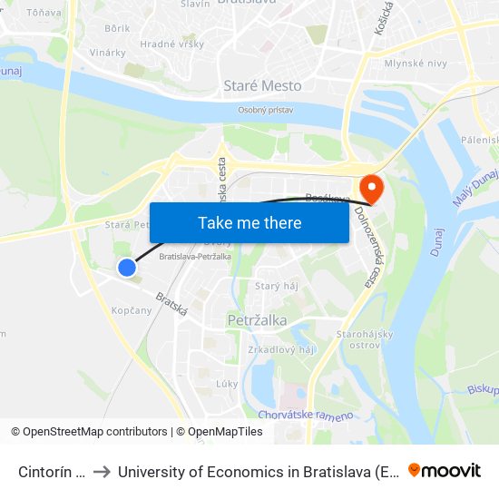 Cintorín Petržalka to University of Economics in Bratislava (Ekonomická univerzita v Bratislave) map