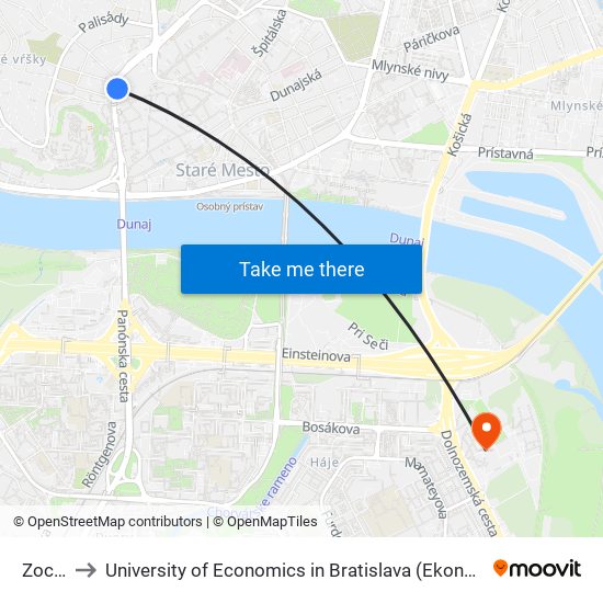 Zochova to University of Economics in Bratislava (Ekonomická univerzita v Bratislave) map