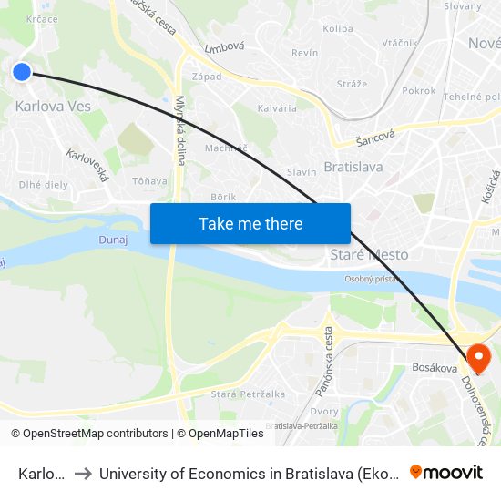 Karlova Ves to University of Economics in Bratislava (Ekonomická univerzita v Bratislave) map