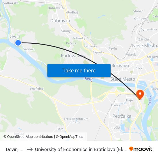 Devín, Škola (X) to University of Economics in Bratislava (Ekonomická univerzita v Bratislave) map