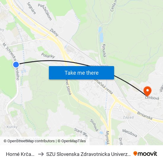 Horné Krčace to SZU Slovenska Zdravotnicka Univerzita map