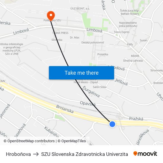 Hroboňova to SZU Slovenska Zdravotnicka Univerzita map