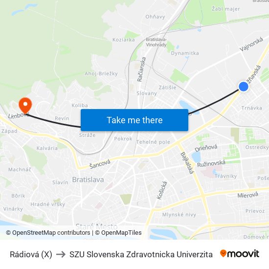Rádiová (X) to SZU Slovenska Zdravotnicka Univerzita map