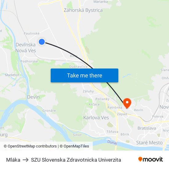 Mláka to SZU Slovenska Zdravotnicka Univerzita map